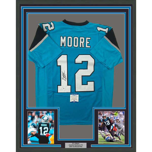 Framed Autographed/Signed DJ D.J. Moore 33x42 Carolina Teal Jersey Beckett COA