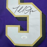 Framed Autographed/Signed Terrell Suggs 35x39 Purple Football Jersey JSA COA #2