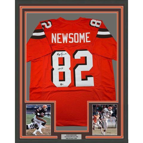 Framed Autographed/Signed Ozzie Newsome 33x42 Cleveland Orange Jersey BAS COA