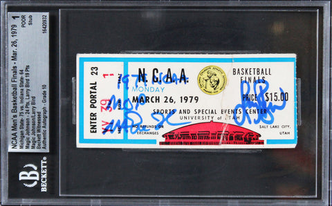 Magic Johnson Larry Bird Signed 1979 NCAA Finals Ticket Grade 1 Auto 10 BAS Slab