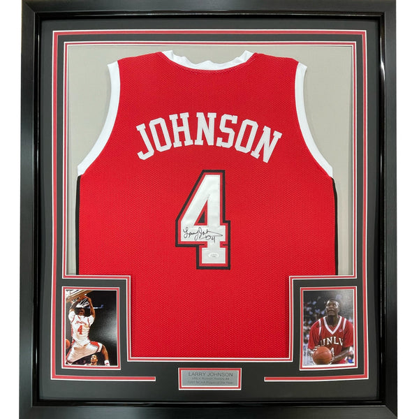 FRAMED Autographed/Signed LARRY JOHNSON 35x39 UNLV Red Jersey PSA COA Auto