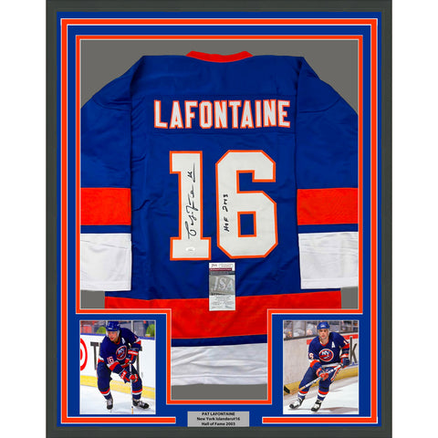 Framed Autographed/Signed Pat Lafontaine 33x42 HOF 03 NY Blue Jersey JSA COA