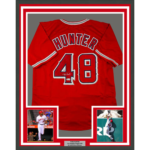 Framed Autographed/Signed Torii Hunter 33x42 Los Angeles Red Jersey BAS COA