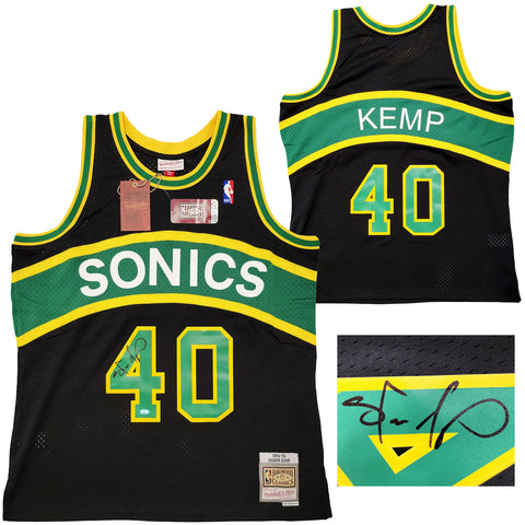 SONICS SHAWN KEMP AUTOGRAPHED BLACK AUTH M & N JERSEY XL ON FRONT MCS 203435