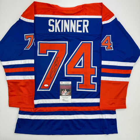 Autographed/Signed Stuart Skinner Edmonton Blue Hockey Jersey JSA COA