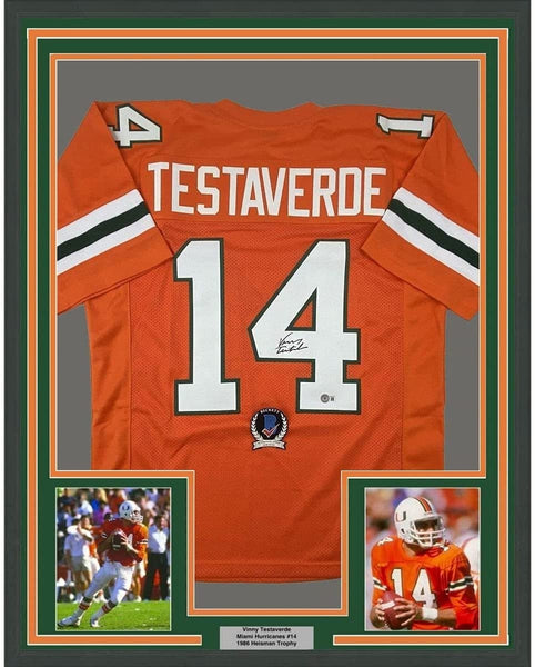 FRAMED Autographed/Signed VINNY TESTAVERDE 35x39 Orange Jersey BAS COA