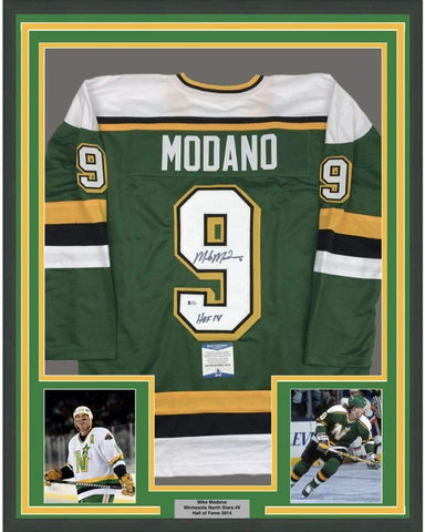 Framed Autographed/Signed Mike Modano HOF 33x42 Minnesota Green Jersey BAS COA