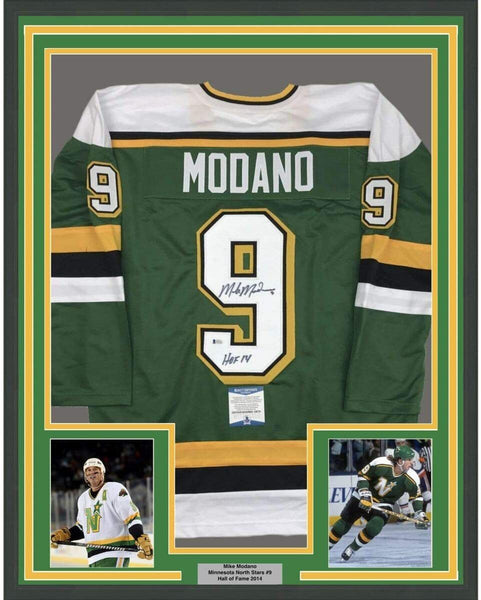 Framed Autographed/Signed Mike Modano HOF 33x42 Minnesota Green Jersey BAS COA