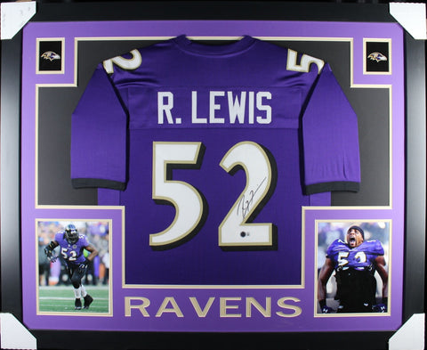 Ray Lewis Autographed Pro Style Purple XL Framed Jersey 35x43 Beckett 53754