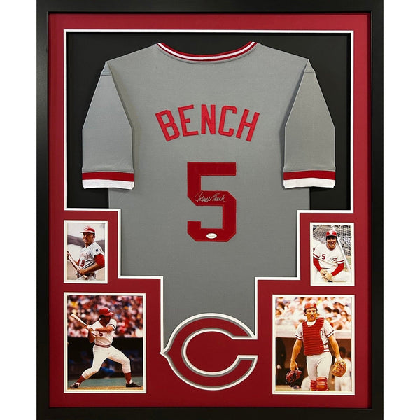 Johnny Bench Autographed Signed Framed Grey Cincinnati Reds Jersey JSA