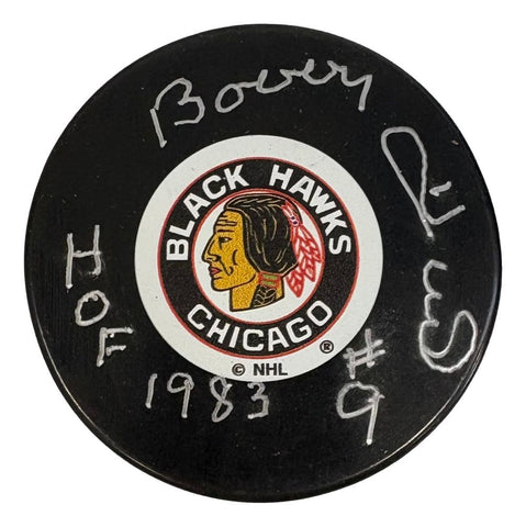 Bobby Hull Signed Chicago Blackhawks Logo Puck HOF 1983 BAS