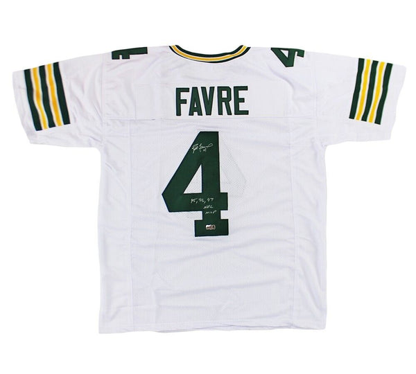 Brett Favre Signed Green Bay Custom White Jersey With "95, 96, 97 NFL MVP" Insc