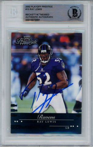 Ray Lewis Autographed 2002 Playoff Prestige #13 Trading Card Beckett Slab 43373
