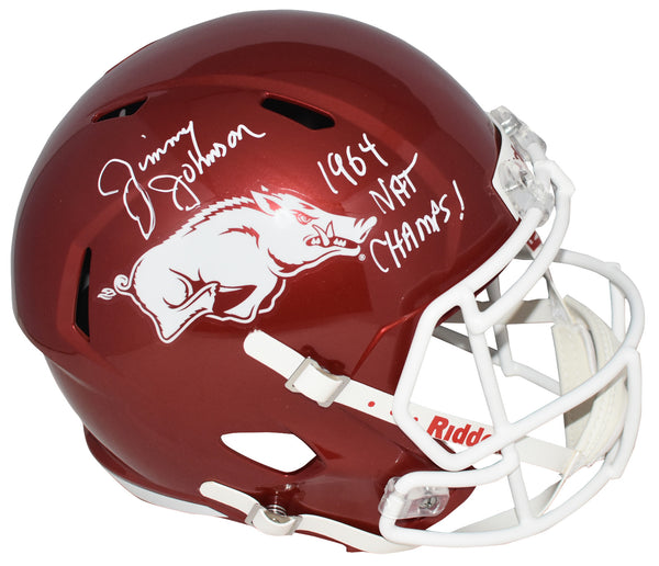 JIMMY JOHNSON SIGNED ARKANSAS RAZORBACKS FULL SIZE SPEED HELMET W/ 1964 CHAMPS