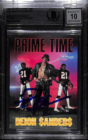 Deion Sanders Signed 1992 Skybox #161 Trading Card Grade 10 Beckett 40462