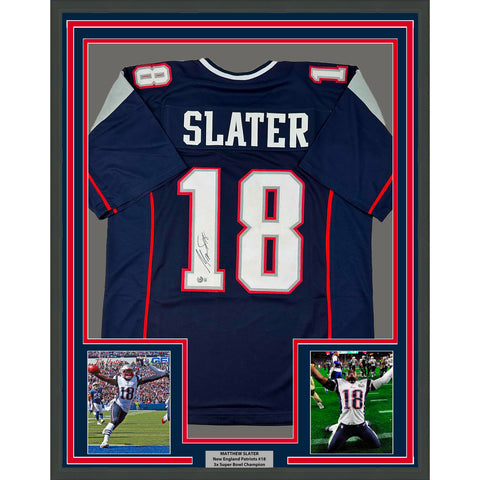 Framed Autographed/Signed Matthew Slater 33x42 New England Blue Jersey BAS COA