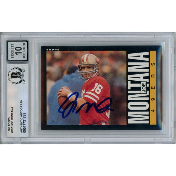 Joe Montana Autographed/Signed 1985 Topps #157 Slab Trading Card Beckett 49896