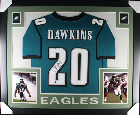 Brian Dawkins Autographed Pro Style Green XL Framed Jersey 35x43 Beckett 51210