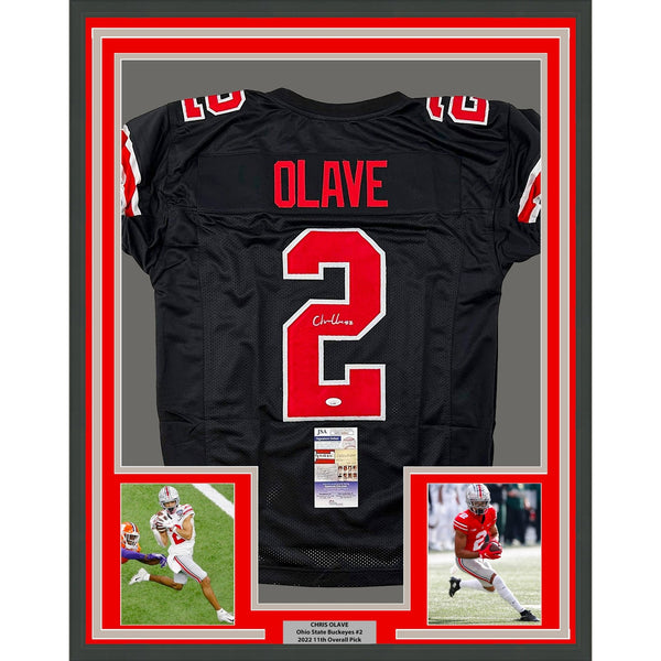 Framed Autographed/Signed Chris Olave 35x39 Ohio State Black Jersey JSA COA