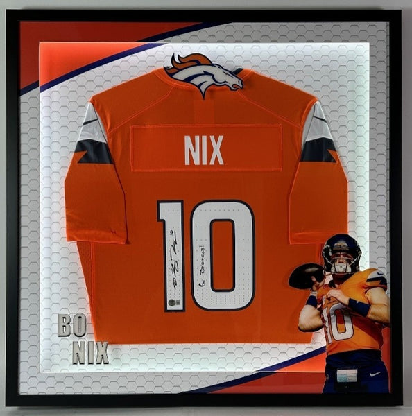 Bo Nix Autographed Nike Orange Home Broncos Jersey - Lighted Shadowbox BAS COA