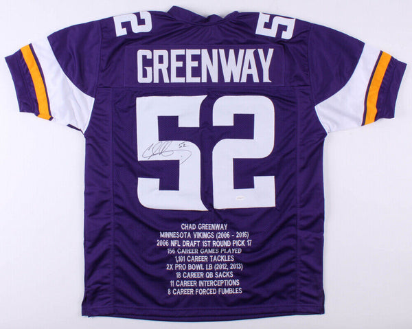 Chad Greenway Signed Minnesota Vikings Career Highlight Stat Jersey (TSE Holo)
