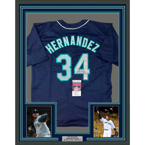 Framed Autographed/Signed Felix Hernandez 33x42 Seattle Blue Jersey JSA COA