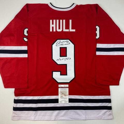 Autographed/Signed Bobby Hull HOF 1983 Chicago Red Hockey Jersey JSA COA