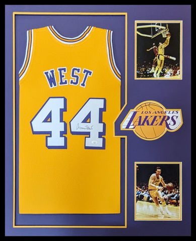 FRAMED L.A. LAKERS JERRY WEST AUTOGRAPHED SIGNED JERSEY JSA COA