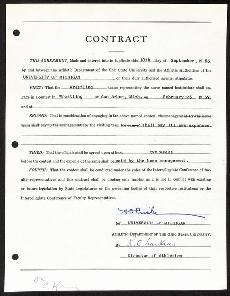 Fritz Crisler HOF Michigan Head Coach Signed/Auto Contract PSA BA198997