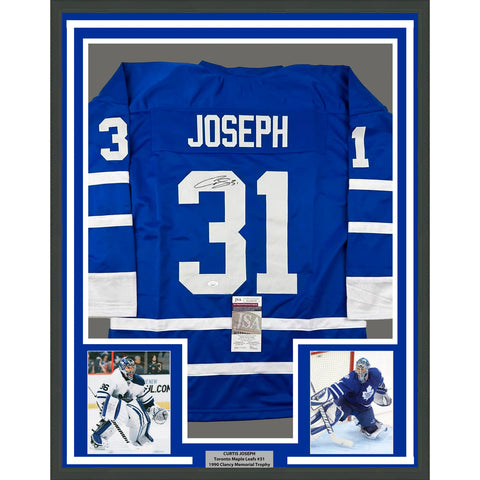 Framed Autographed/Signed Curtis Joseph 35x39 Toronto Blue Hockey Jersey JSA COA