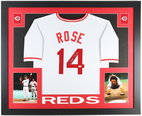 Pete Rose Signed 35x43 Framed Cincinnati Reds Jersey (JSA) MLB All Time Hit King