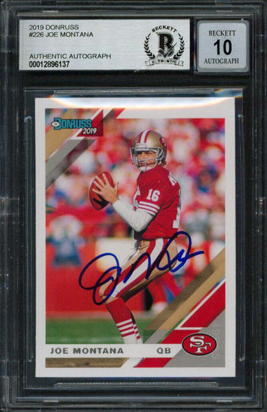49ers Joe Montana Signed 2019 Donruss #226 Card Auto Graded 10! BAS Slabbed