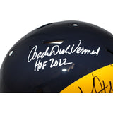 Kurt Warner Marshall Faulk Dick Vermiel LA Rams TB Pro Helmet Beckett 42259