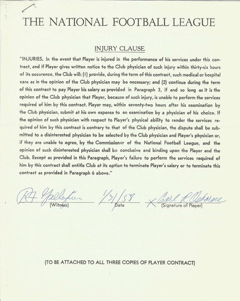 Roddy Osborne Cleveland Browns Signed/Autographed 1958 NFL Injury Clause 150386
