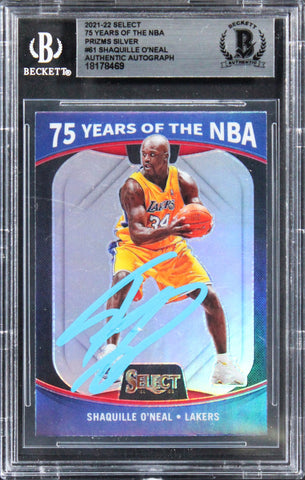 Shaq O'Neal Signed 2021 Select 75 Yrs Of The NBA Prizms Silver #61 Card BAS Slab