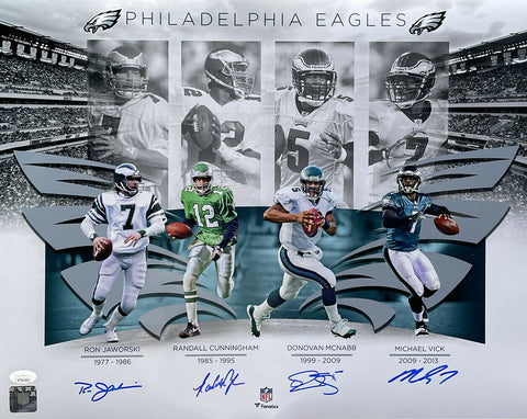 Eagles QB Legends Vick McNabb Jaworski Cunningham Signed 16x20 Collage Photo JSA