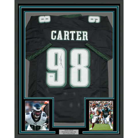 Framed Autographed/Signed Jalen Carter 35x39 Black Jersey Beckett BAS COA
