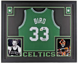 Larry Bird Signed Boston Celtics 35x43 Framed Green Jersey (Becket) 3xNBA Champ