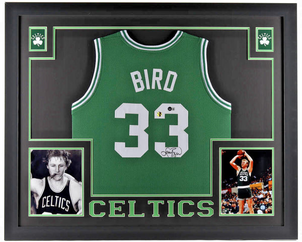 Larry Bird Signed Boston Celtics 35x43 Framed Green Jersey (Becket) 3xNBA Champ