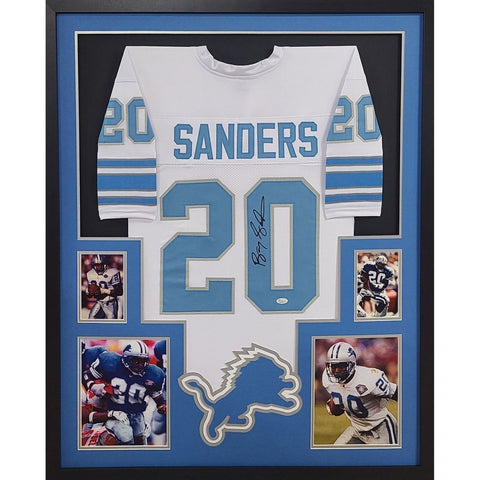 Barry Sanders Autographed Signed Framed White Detroit Lions Jersey JSA