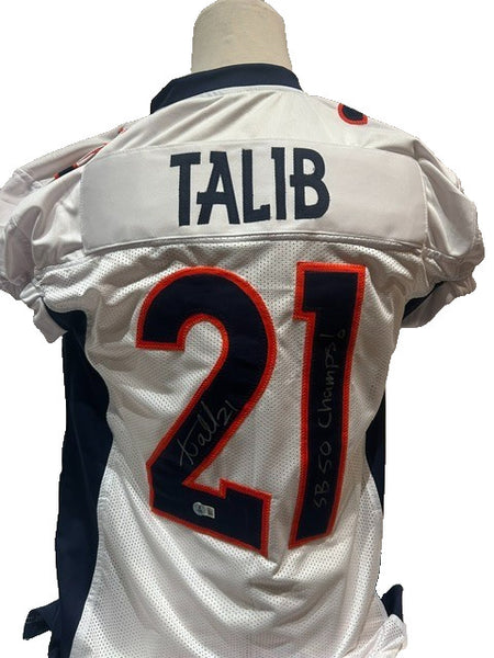 Aqib Talib Autographed White Broncos Jersey Inscribed "SB 50 Champs" BAS COA