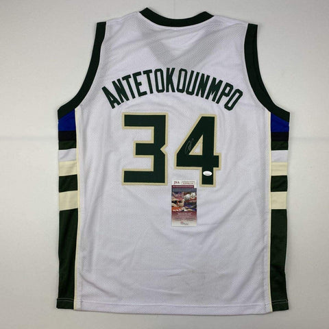 Autographed/Signed Giannis Antetokounmpo Milwaukee White Basketball Jersey JSA C