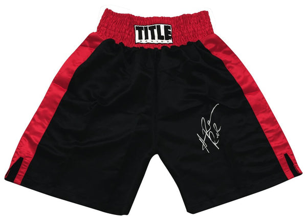Hasim Rahman Signed Title Black & Red Boxing Trunks w/Rock - (SCHWARTZ COA)