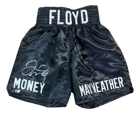 Floyd Mayweather Jr Signed Custom Black Money Mayweather Boxing Trunks BAS ITP