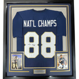 Framed Autographed/Signed Lou Holtz 35x39 Notre Dame Blue Jersey JSA COA
