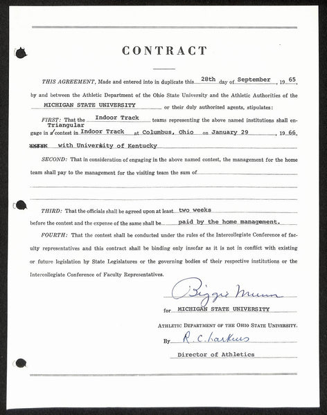 Biggie Munn HOF Michigan State Head Coach Signed/Auto Contract JSA BA199663