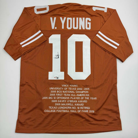 Autographed/Signed Vince Young Texas Orange Stat College Football Jersey JSA COA