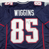 Autographed/Signed Jermaine Wiggins SB 36 Champs New England Blue Jersey JSA COA