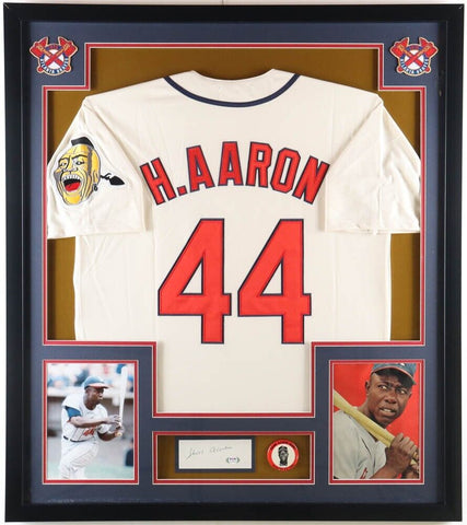Hank Aaron Signed Milwaukee Braves Framed Cut Display with Jersey & 500 HR Pin
