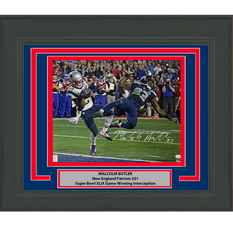 Framed Autographed/Signed Malcolm Butler GW INT Patriots SB 16x20 Photo JSA COA